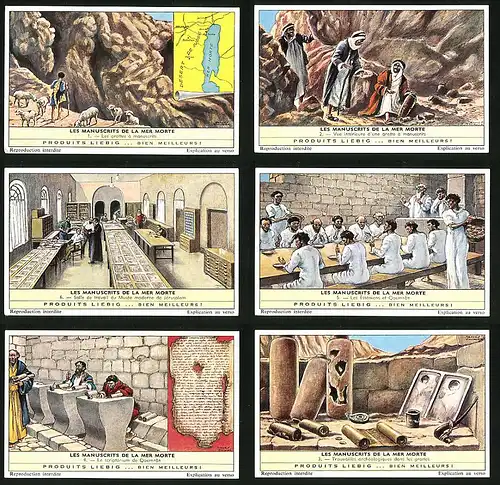 6 Sammelbilder Liebig, Serie Nr. 1779: Les manuscrits de la mer morte, Archäologie, Grotte, Araber