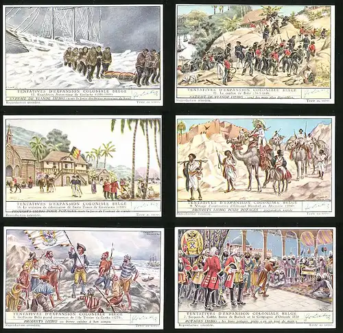 6 Sammelbilder Liebig, Serie Nr. 1578: Tentatives d`expansion coloniale belge, Kolonie, Südsee, Karawane
