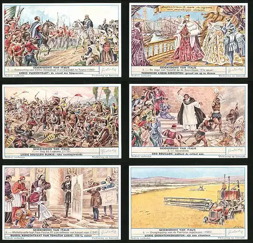 6 Sammelbilder Liebig, Serie Nr. 1701: Geschiedenis van Italie, Italien, Landwirtschaft, König, Mittelalter