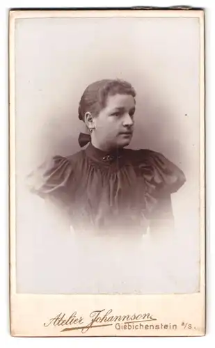 Fotografie Atelier Johannson, Giebichenstein a. S., Burgstr. 18, Portrait Mädchen im schwarzen Kleid mit Puffärmeln