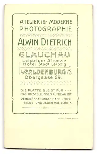 Fotografie A. Dietrich, Glauchau, Leipzigerstr., Baby im weissen Leibchen auf Sessel sitzend