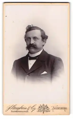 Fotografie F. Langbein & Cie., Heidelberg, Haupt-Str. 113a, Portrait Mann im Anzug mit Fliege ind Walrossbart