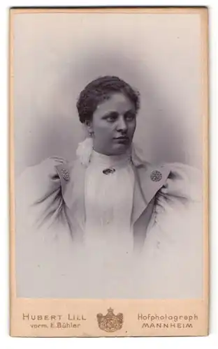 Fotografie Hubert Lill, Mannheim, am Stadtpark B. 5. Nr. 14, Portrait Dame im hellen kleid mit Puffärmeln