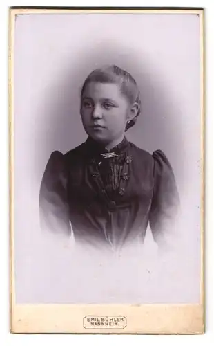 Fotografie Emil Bühler, Mannheim, B. 5. Nr. 14, Portrait junge Frau im Biedermeierkleid mit Brosche
