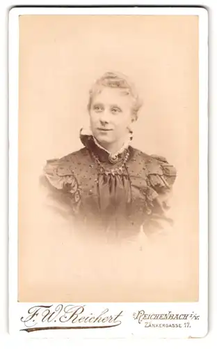 Fotografie F. W. Reichert, Reichenbach i. V., Zänkergasse 17, Portrait Dame im bestickten Kleid mit Brosche