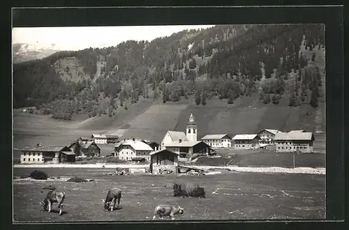 AK St. Jakob in Pfitsch, Teilansicht mit weidenden Kühen