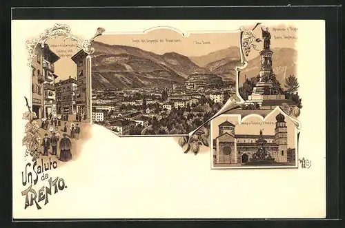 Lithographie Trento, Cantone e Casa monte, Il Duomo e Fontaine a Poseidon, Monumento a Dante