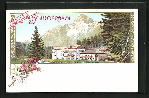 Lithographie Schluderbach, Ortsansicht mit Gebirge