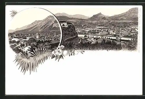 Lithographie Trento, Totalansicht vom Berge aus