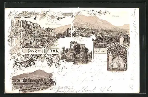 Lithographie Meran, Gilfpromenade und Zenoburg, Schloss Katzenstein, Neue Wandelbahn