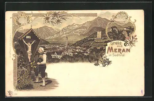 Lithographie Meran, Schloss Tirol, Wegkreuz, Teilansicht