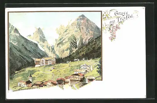 Lithographie Trafoi, Ortsansicht aus der Vogelschau
