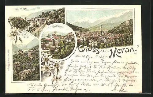 Lithographie Meran, Gilfanlage, Schloss Tirol, Dorf Schönna