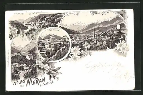Lithographie Meran, Dorf Schönna, Gilfanlage, Schloss Tirol
