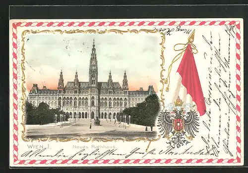 Passepartout-Lithographie Wien, Neues Rathaus, Adler mit Wappen und Fahne