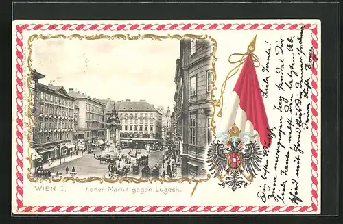 Passepartout-Lithographie Wien, Hoher Markt mit Brunnen gegen Lugeck, Adler mit Wappen und Fahne