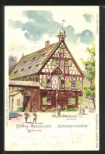 Lithographie Pirkenhammer, Café-Restaurant Schützenmühle im Egerländer-Stil