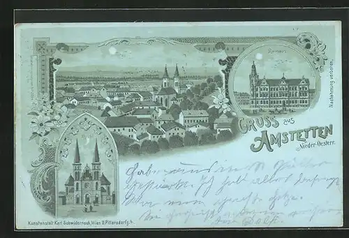 Mondschein-Lithographie Amstetten, Rathaus in der Nacht, Kirche, Gesamtansicht