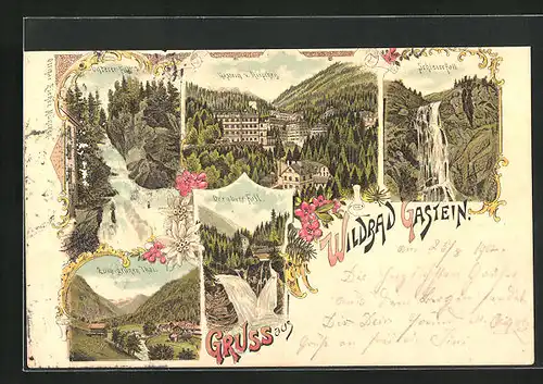 Lithographie Gastein, Schleierfall, Der obere Fall, Zum grünen Thal