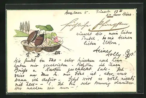AK Frosch mit Marienkäfern im Boot, Pfingstgruss, vermenschlichte Tiere