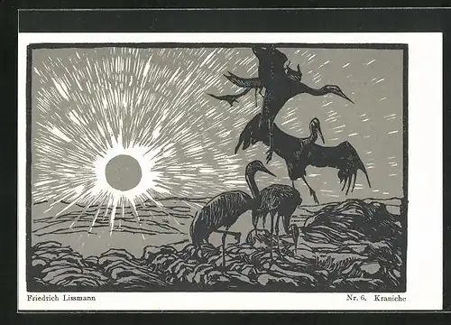 Künstler-AK Friedrich Lissmann: Kraniche und Sonne