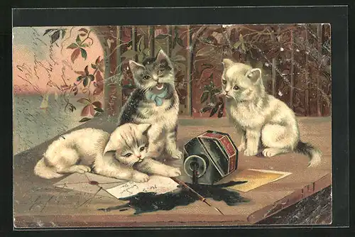 AK Drei kleine Katzen spielen mit einem Tintenfass