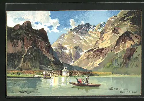 Künstler-AK Karl Heinisch: Bartholomä, Königssee mit Boot