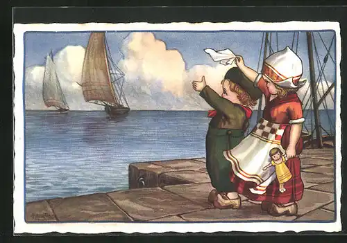 Künstler-AK A. Bertiglia: Kleines Holländerpaar winkt abfahrenden Schiffen