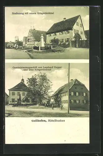 AK Gollhofen / Mittelfranken, Gemischtwarengeschäft von Leonhard Heppel, Strassenzug mit neuen Kriegerdenkmal