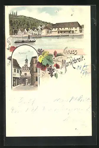 Lithographie Marktbreit, Maintor, Ortsansicht mit Dampfer