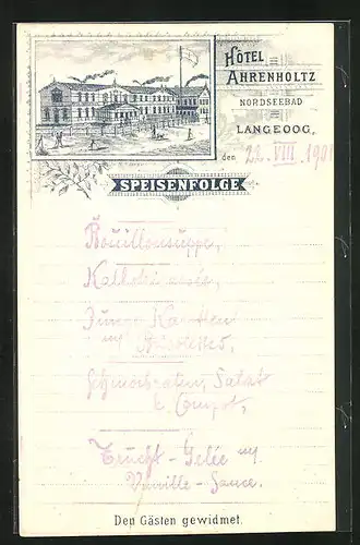 Lithographie Langeoog, Hotel Ahrenholtz, Menükarte
