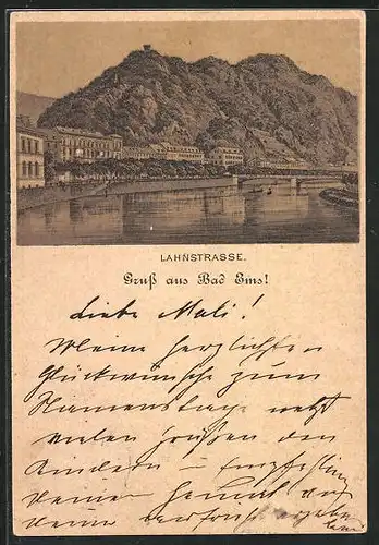 Vorläufer-Lithographie Bad Ems, 1888, Ortsansicht mit Lahnstrasse und Brücke