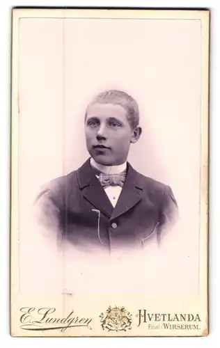 Fotografie E. Lundgren, Hvetlanda, Portrait Junger Mann im Anzug mit Fliege