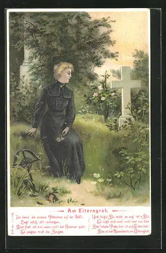 AK Junge Dame im schwarzen Kleid am Elterngrab
