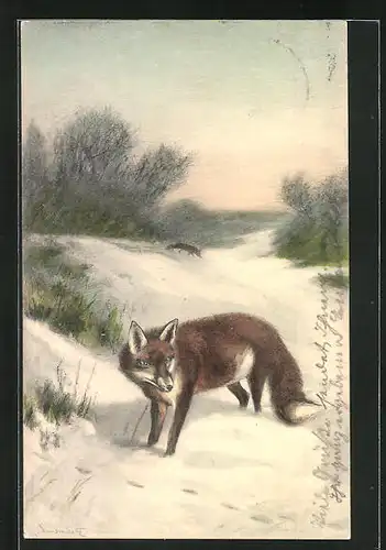 AK Fuchs auf einem verschneiten Feldweg