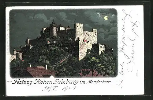 Lithographie Salzburg, Festung Hohen Salzburg im Mondschein