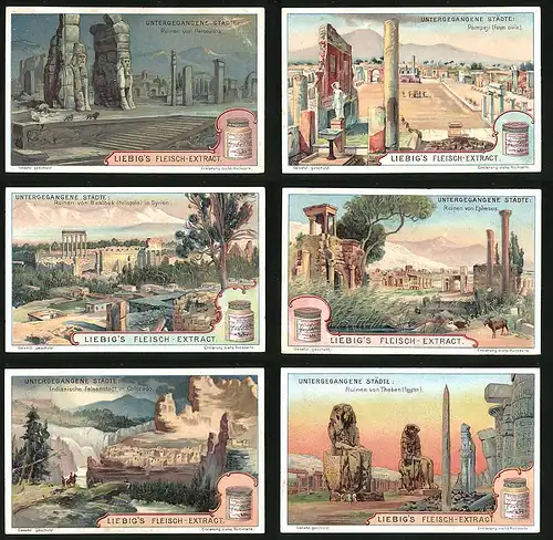 6 Sammelbilder Liebig, Serie Nr. 695: Untergegangene Städte, Ruinen von Theben, Ruinen von Ephesus, Ruinen von Baalbek