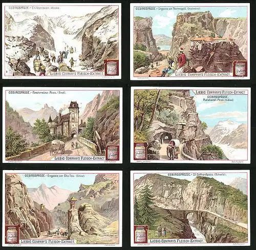 6 Sammelbilder Liebig, Serie Nr. 678: Gebirgspässe, St. Gotthardtpass, Engpass von Cha-Tow, Malakand-Pass, Thermopylä