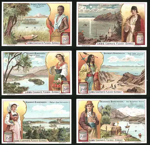 6 Sammelbilder Liebig, Serie Nr. 672: Bekannte Binnenseen, Der Baikalsee, Mälar-See, Salt-Lake, Lago di Como, Lagoda-See