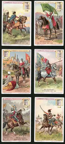 6 Sammelbilder Liebig, Serie Nr. 693: Reiterhelden, General Zieten, Pappenheim, Ritter Bayard, Cid Campeador