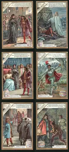 6 Sammelbilder Liebig, Serie Nr. 603: Richard der Dritte v. Shakespeare, Mörder, Ritter, Geist, Wachen