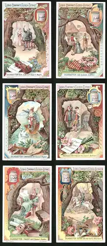 6 Sammelbilder Liebig, Serie Nr. 684: Silhouetten, Albrecht Dürer, Tod, Teufel, Fidelo, Goethe, Lohengrin, Die Glocke