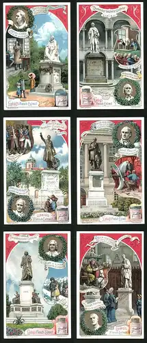 6 Sammelbilder Liebig, Serie Nr. 742: Denkmäler berühmter Gelehrter, Frankreich, Österreich, Italien, Schweden, England