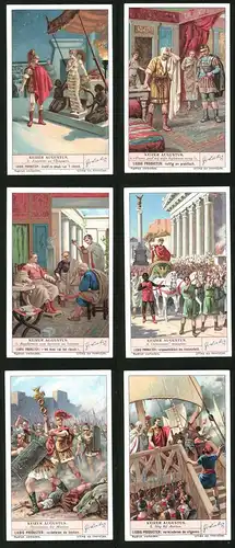 6 Sammelbilder Liebig, Serie Nr. 1391: Keizer Augustus, Cleopatra, Antonius, Octavius