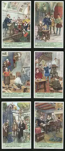 6 Sammelbilder Liebig, Serie Nr.1950: Bernard Palissy, Les Épreuves, Le Savant, La Vocation