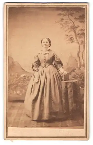 Fotografie A. G. Gosting, St. Louis, Broadway Nr. 736, Portrait Amerikanerin im Kleid vor einer Studiokulisse