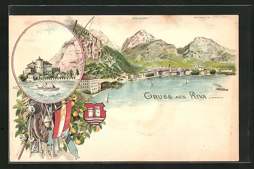 Lithographie Riva a. Gardasee, Mt. Isone & Biaina, Castel Toblino