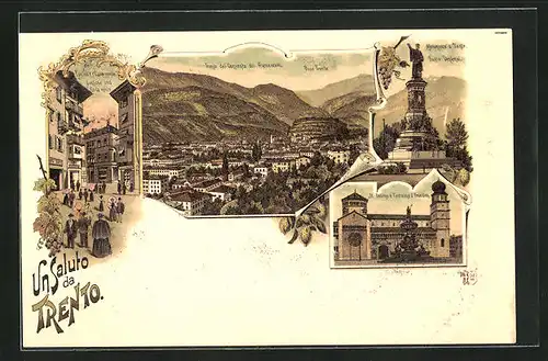 Lithographie Trento, Cantone e Casa monte, Monumento a Dante, Il Duomo e Fontaine a Poseidon
