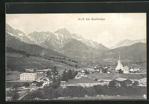 AK Alm bei Saalfelden, Teilansicht mit Kirche