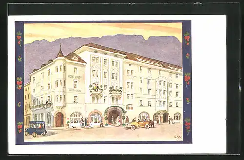 Künstler-AK Bolzano, Posthotel und Hotel Europa